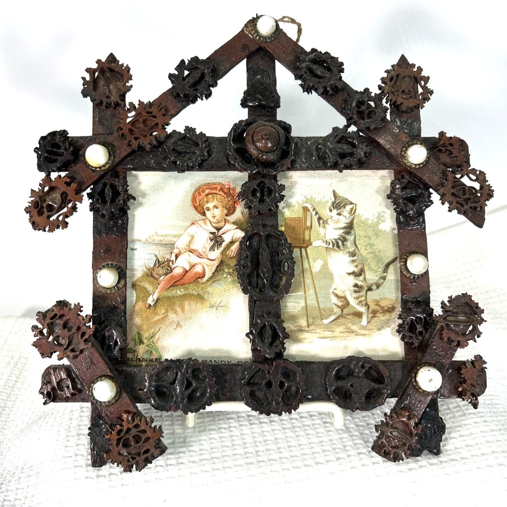 Vintage Tramp Art Hand Crafted Double Frame Walnut Shells No Glass
